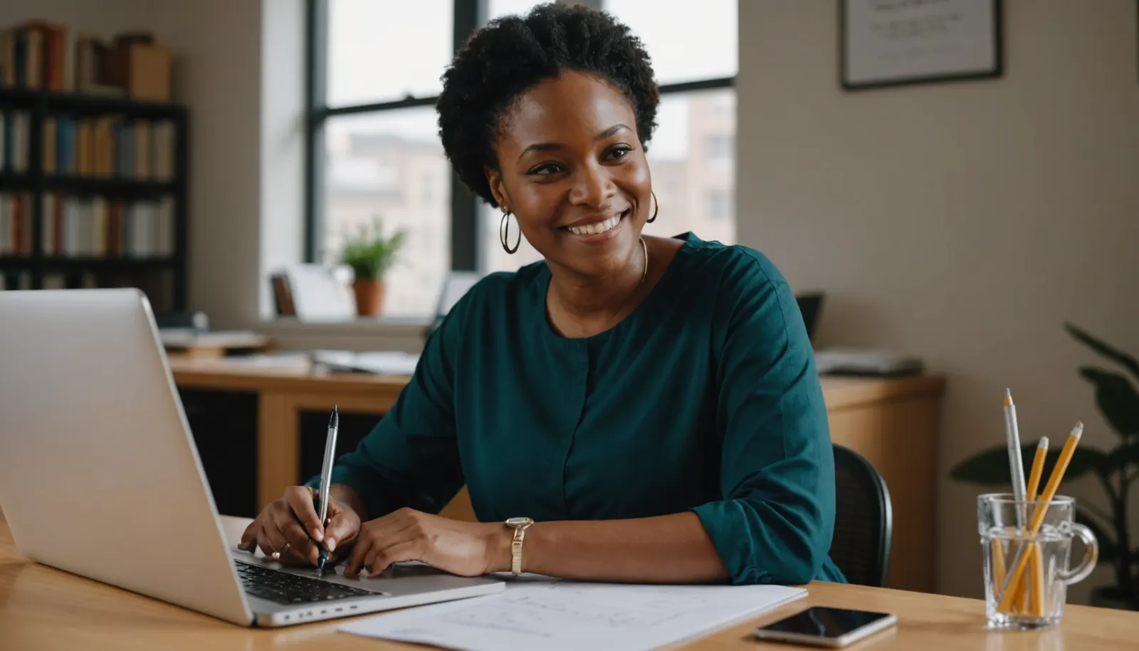 A smiling Nigerian freelancer reviewing a draft on her laptop and pointing at the screen with a pen