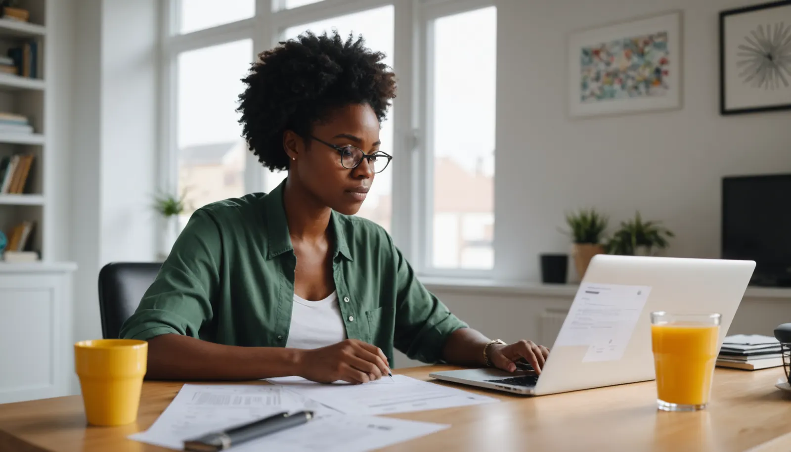 A Nigerian freelance designer reviewing a paper invoice beside her laptop at a bright home desk
