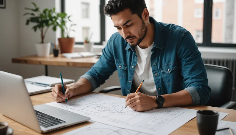 A freelance web designer sketching a page layout on paper next to his laptop in a bright studio