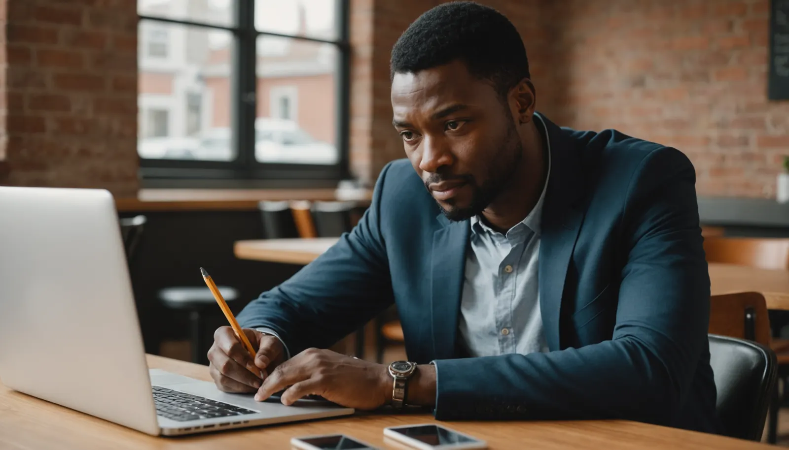 A Nigerian freelancer in a cafe working out his rates with a notebook and calculator beside a laptop