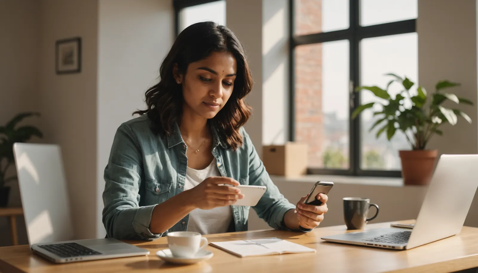 A freelance writer at a sunny desk checking her phone patiently while her laptop is open beside a cup of tea