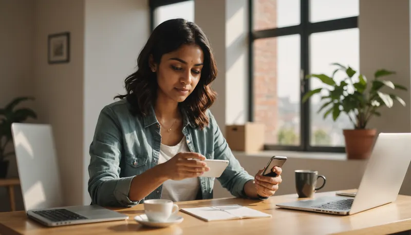 A freelance writer at a sunny desk checking her phone patiently while her laptop is open beside a cup of tea