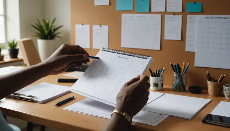 A freelancer's hands organising blank folders and a wall calendar on a tidy office desk