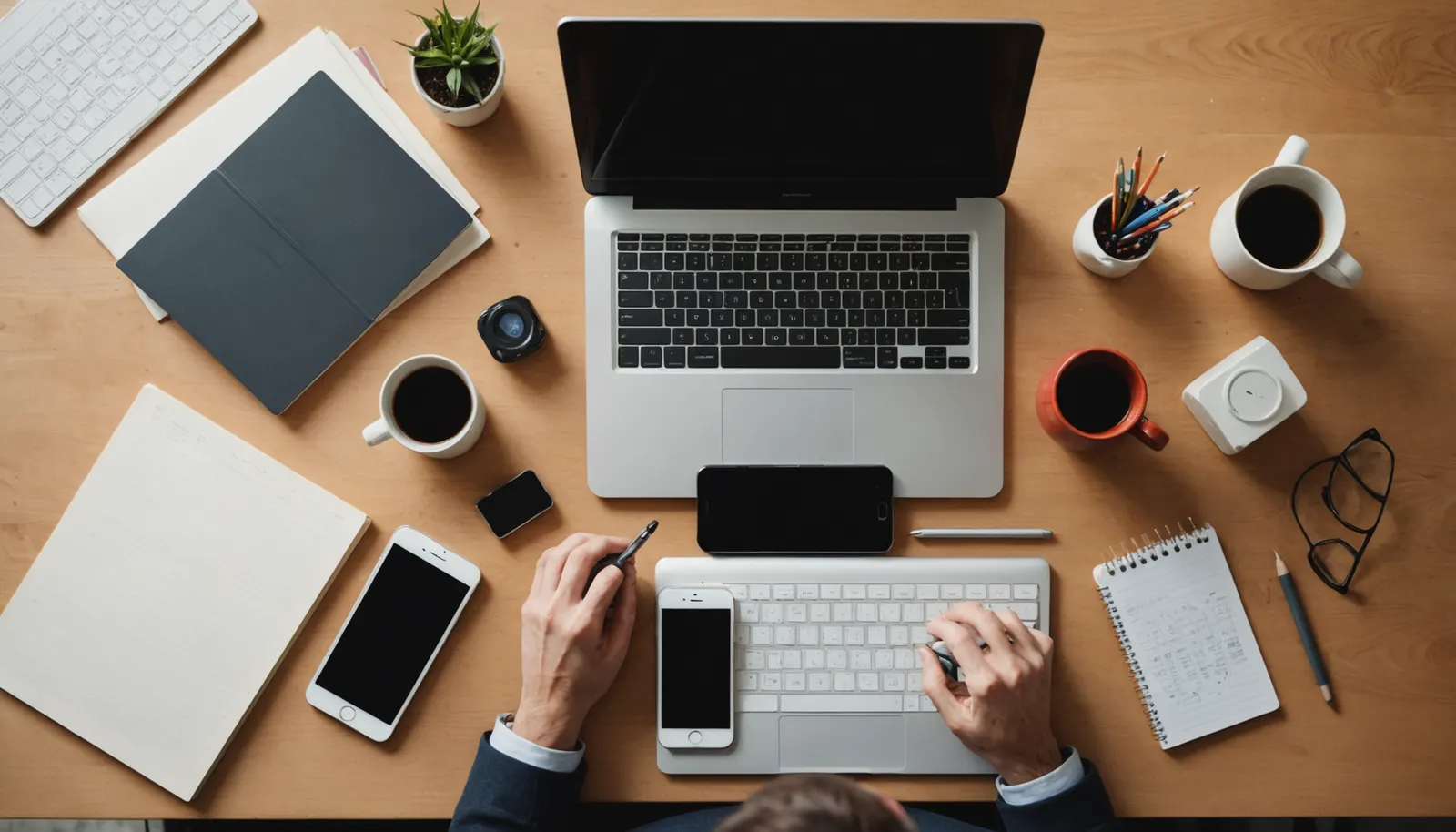 Overhead view of a freelancer's tidy desk with a laptop, calculator, notebook and phone