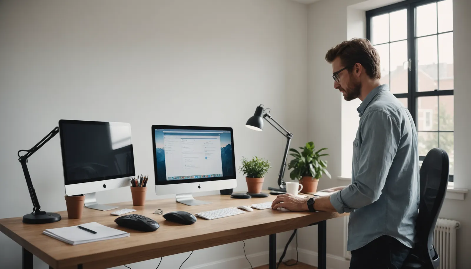 A freelance developer at a standing desk with a calculator and coffee beside his laptop in a home office