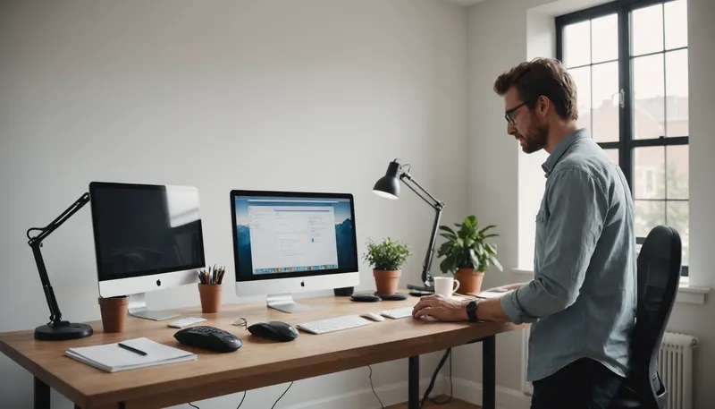 A freelance developer at a standing desk with a calculator and coffee beside his laptop in a home office