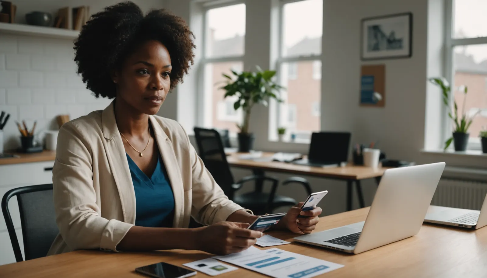 A Nigerian freelancer at her home desk holding a bank card and phone with her laptop open