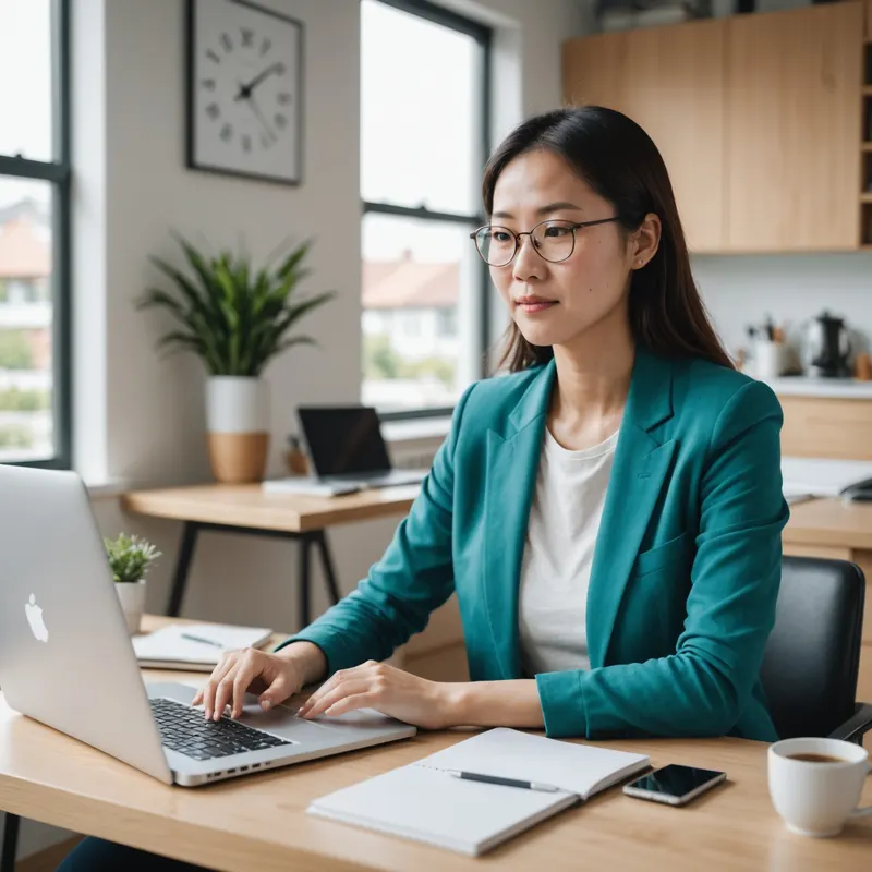 A freelancer working at her laptop in a bright home office