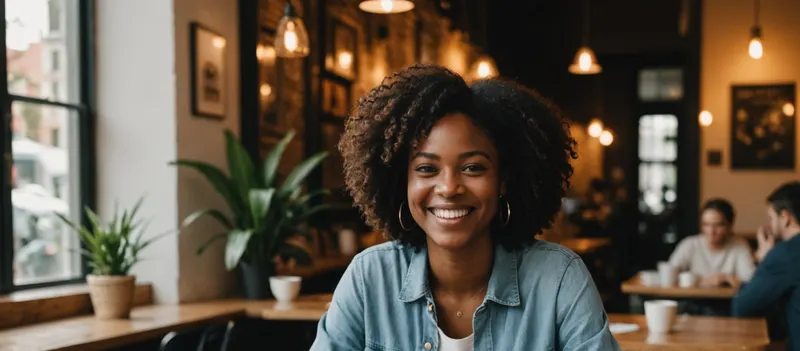 A smiling designer at a cafe table with a laptop