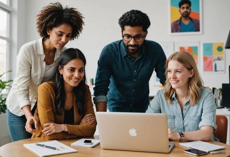 A small studio team looking at one laptop together
