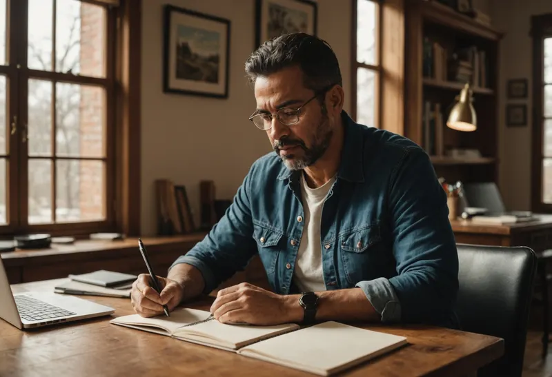 A freelance consultant writing notes at a desk